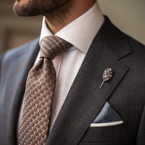 Close-up of a premium bespoke suit lapel and tie with fine fabric texture.