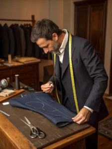 A master tailor hand-finishing a garment in a traditional workshop.