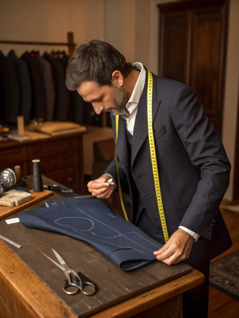 A master tailor hand-finishing a garment in a traditional workshop.
